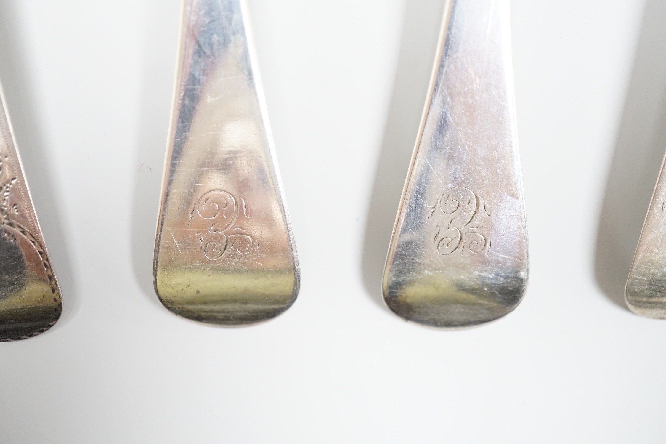 A George III silver fiddle pattern basting spoon, London, 1804 and seven other items of mainly 19th century silver flatware, 18.6oz.